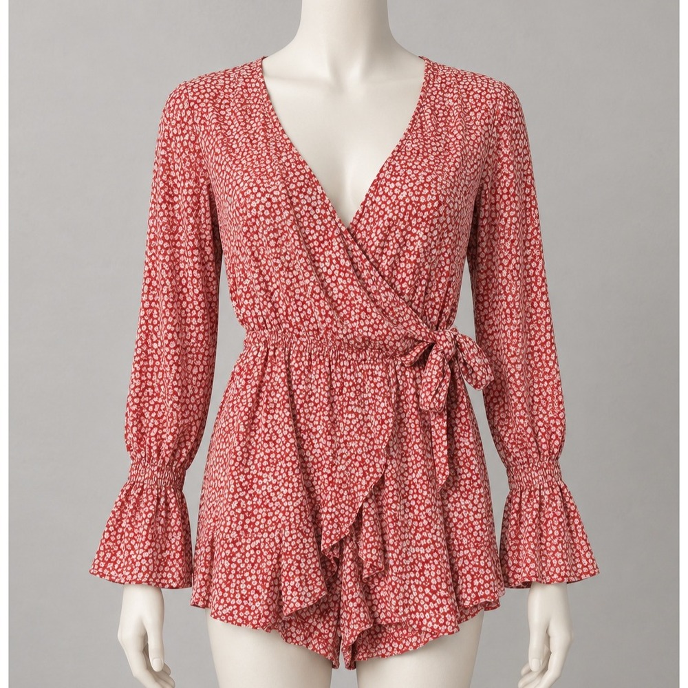 H&M Red Floral Ditsy Wrap Romper Long Sleeve Smocked Cuffs Size 2